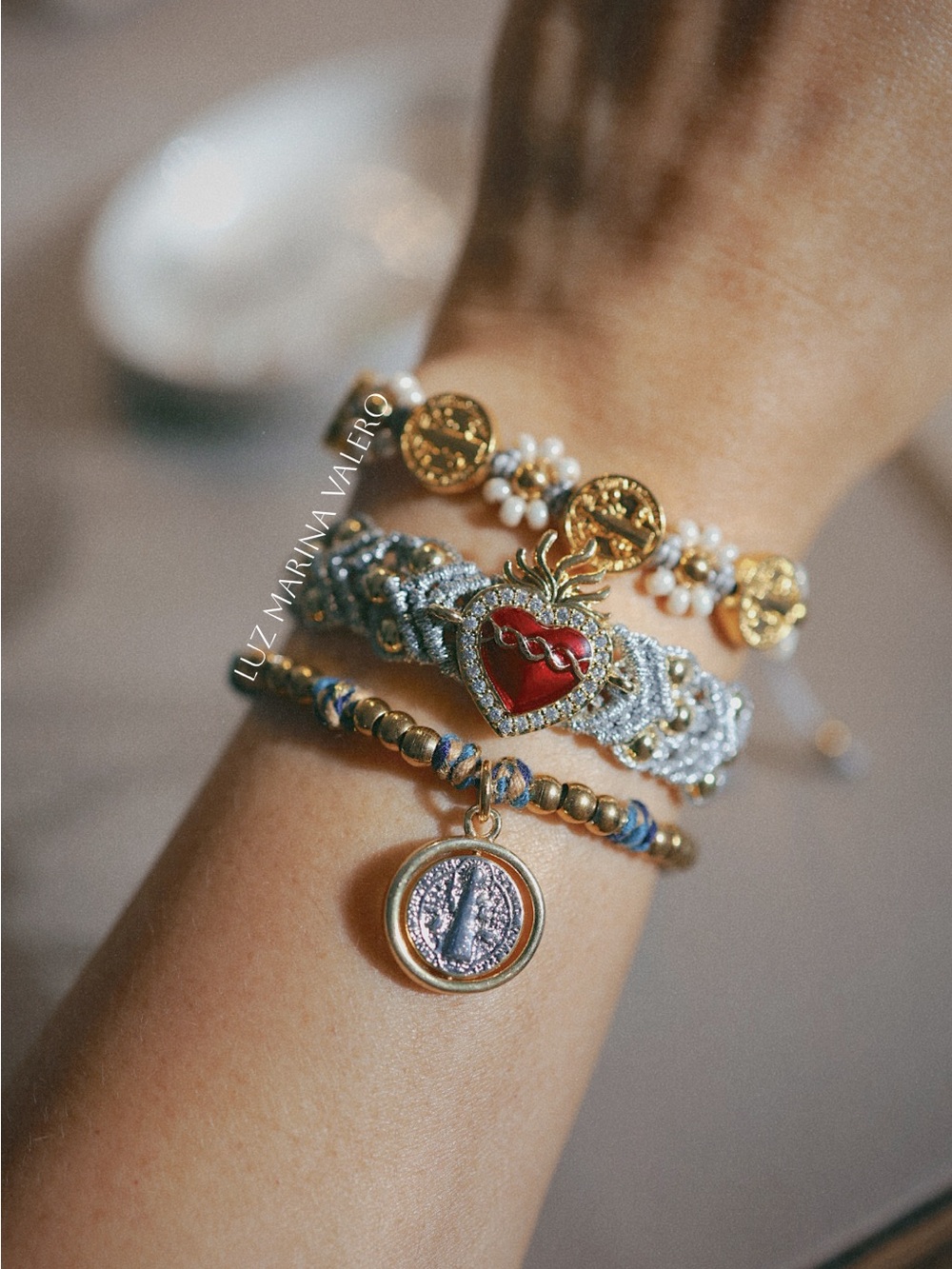 Luz Marina Valero Gold & Red Heart Bracelet Stack set of 3